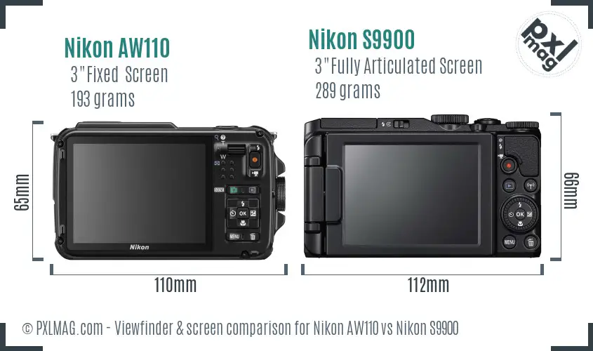 Nikon AW110 vs Nikon S9900 Screen and Viewfinder comparison