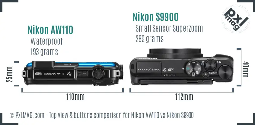 Nikon AW110 vs Nikon S9900 top view buttons comparison