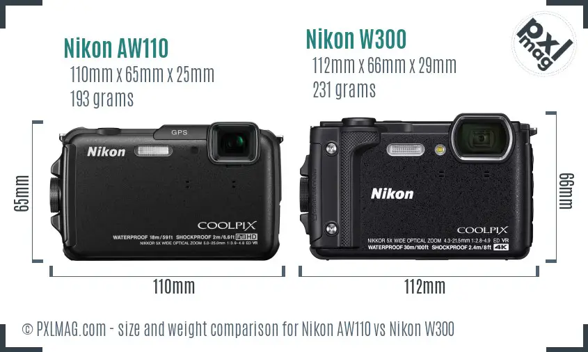 Nikon AW110 vs Nikon W300 size comparison
