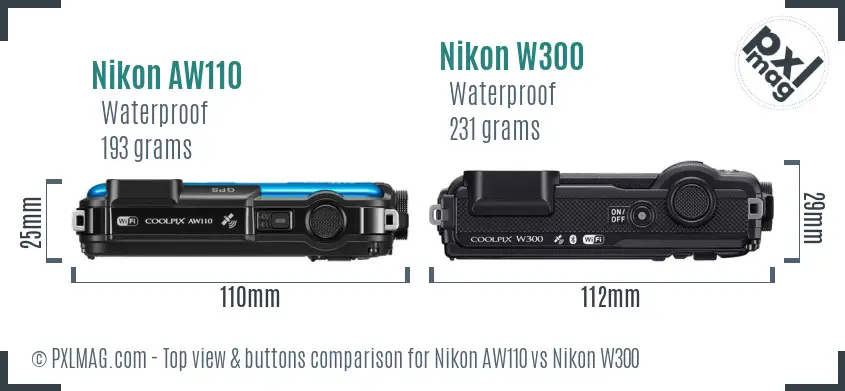 Nikon AW110 vs Nikon W300 top view buttons comparison