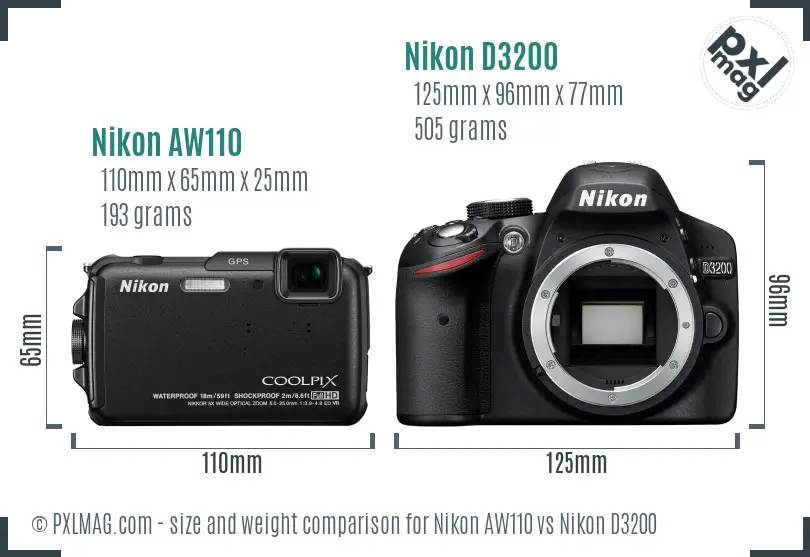 Nikon AW110 vs Nikon D3200 size comparison