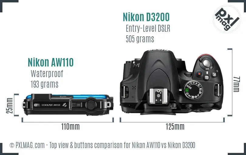 Nikon AW110 vs Nikon D3200 top view buttons comparison