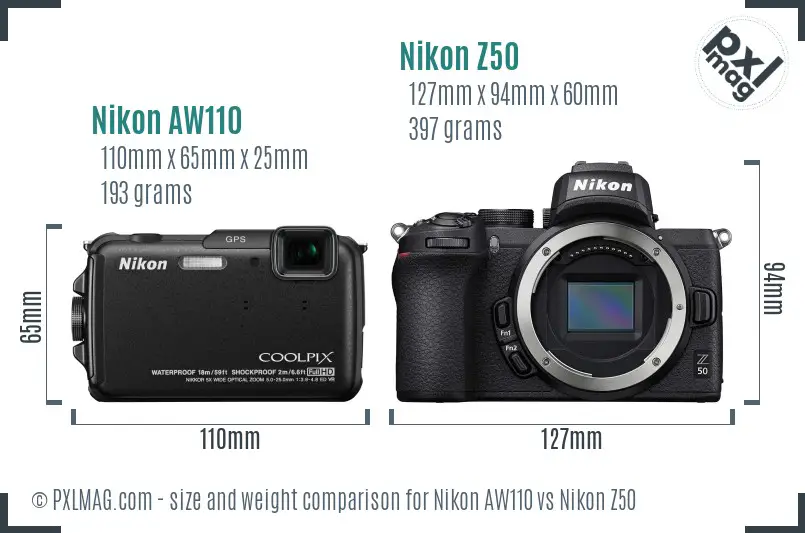 Nikon AW110 vs Nikon Z50 size comparison