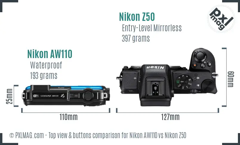 Nikon AW110 vs Nikon Z50 top view buttons comparison