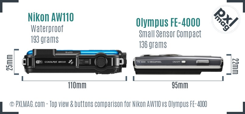 Nikon AW110 vs Olympus FE-4000 top view buttons comparison