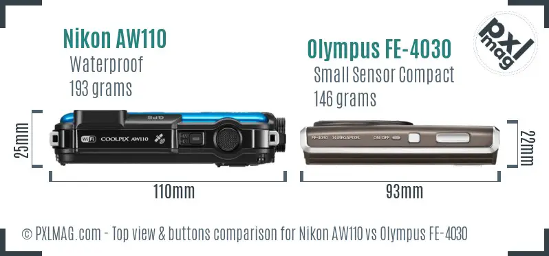 Nikon AW110 vs Olympus FE-4030 top view buttons comparison