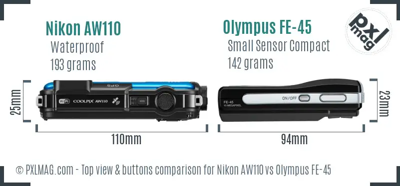 Nikon AW110 vs Olympus FE-45 top view buttons comparison