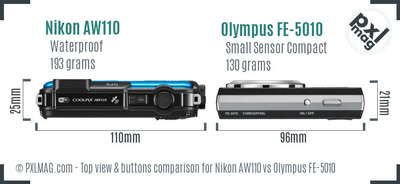 Nikon AW110 vs Olympus FE-5010 top view buttons comparison