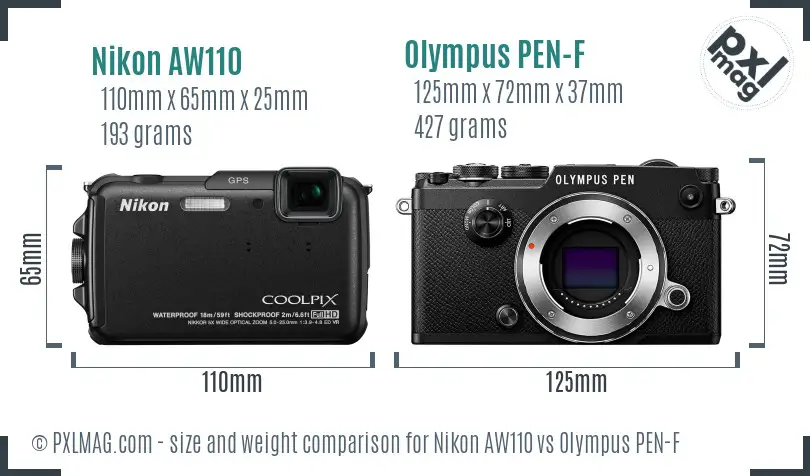 Nikon AW110 vs Olympus PEN-F size comparison