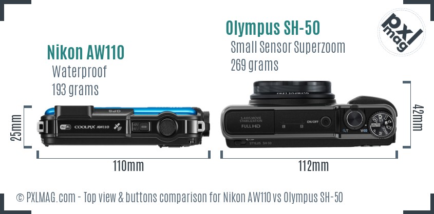 Nikon AW110 vs Olympus SH-50 top view buttons comparison