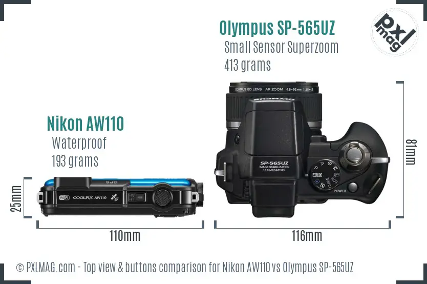 Nikon AW110 vs Olympus SP-565UZ top view buttons comparison