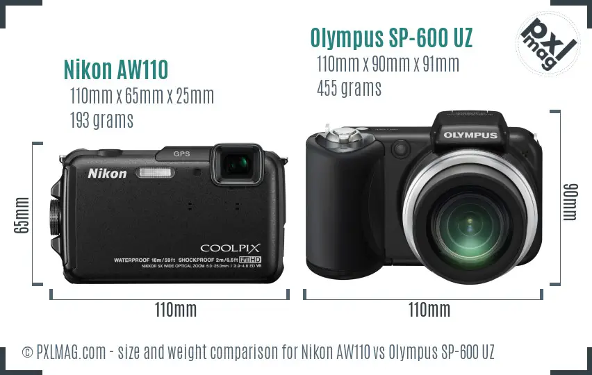 Nikon AW110 vs Olympus SP-600 UZ size comparison