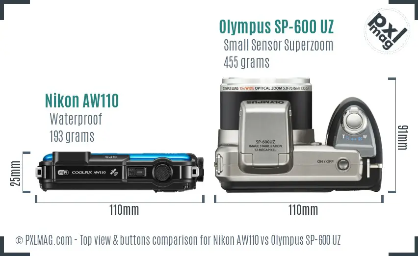 Nikon AW110 vs Olympus SP-600 UZ top view buttons comparison