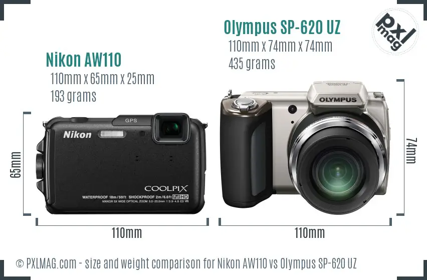 Nikon AW110 vs Olympus SP-620 UZ size comparison