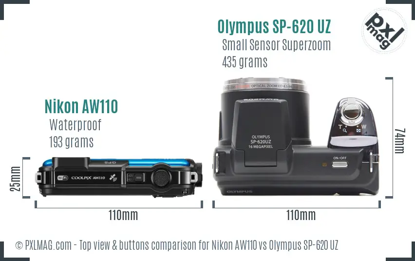 Nikon AW110 vs Olympus SP-620 UZ top view buttons comparison