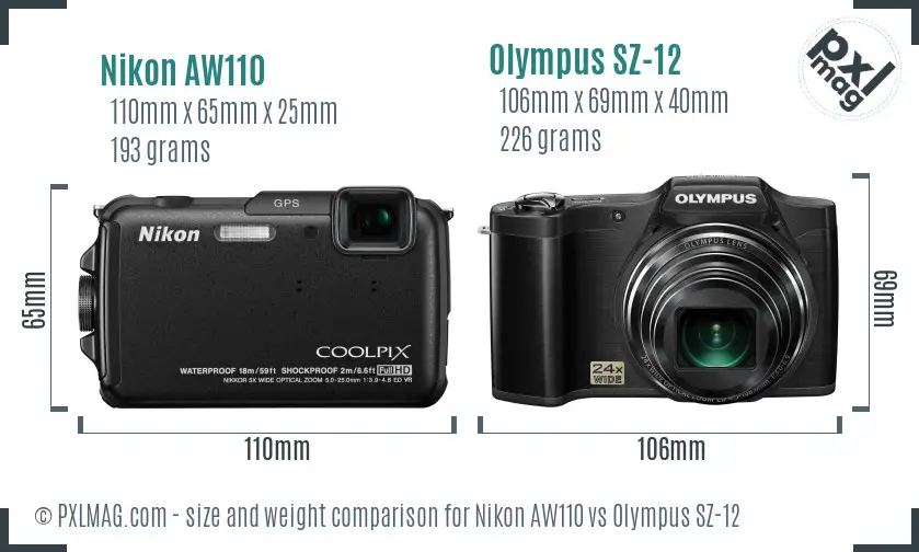 Nikon AW110 vs Olympus SZ-12 size comparison