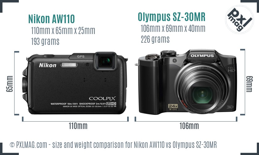 Nikon AW110 vs Olympus SZ-30MR size comparison