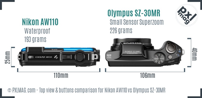 Nikon AW110 vs Olympus SZ-30MR top view buttons comparison