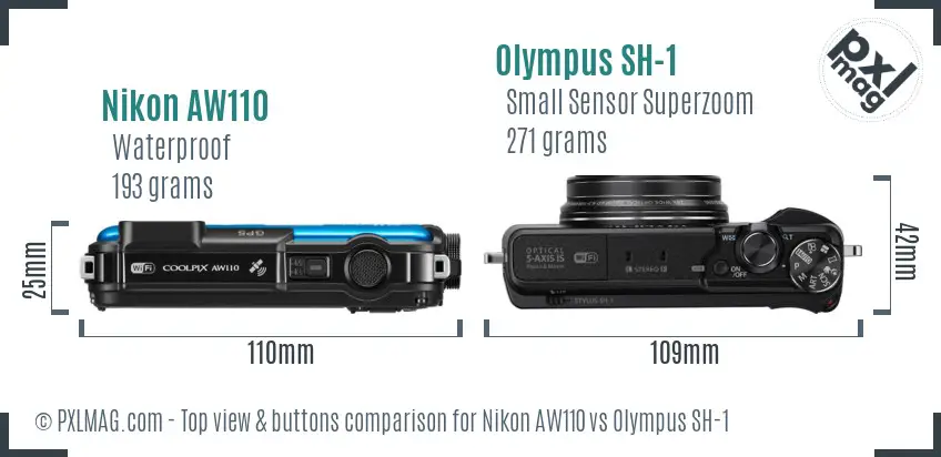 Nikon AW110 vs Olympus SH-1 top view buttons comparison