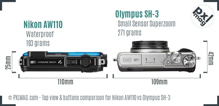 Nikon AW110 vs Olympus SH-3 top view buttons comparison