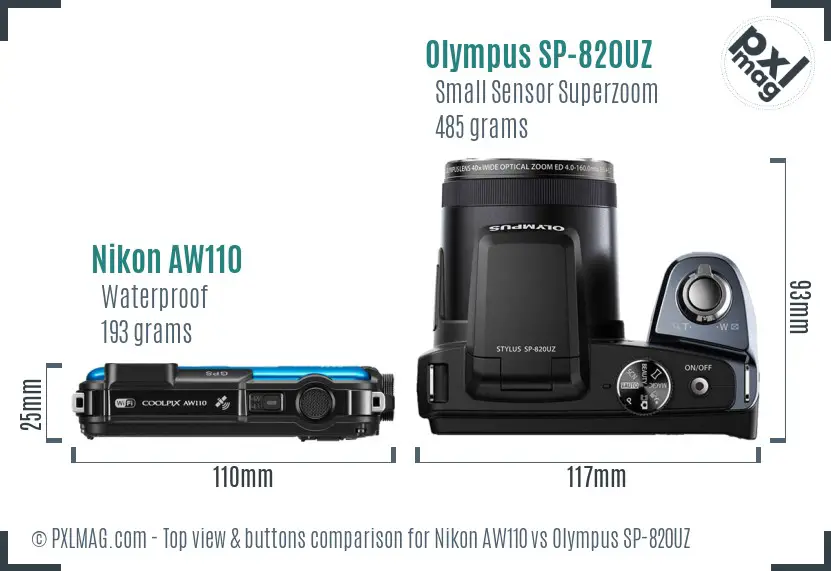 Nikon AW110 vs Olympus SP-820UZ top view buttons comparison