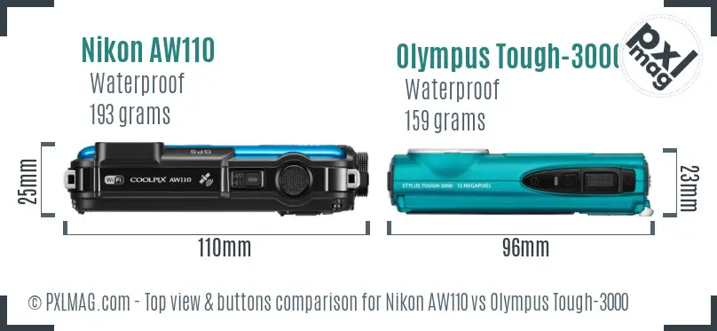 Nikon AW110 vs Olympus Tough-3000 top view buttons comparison Nikon AW110 vs Olympus Tough-3000 top view buttons comparison