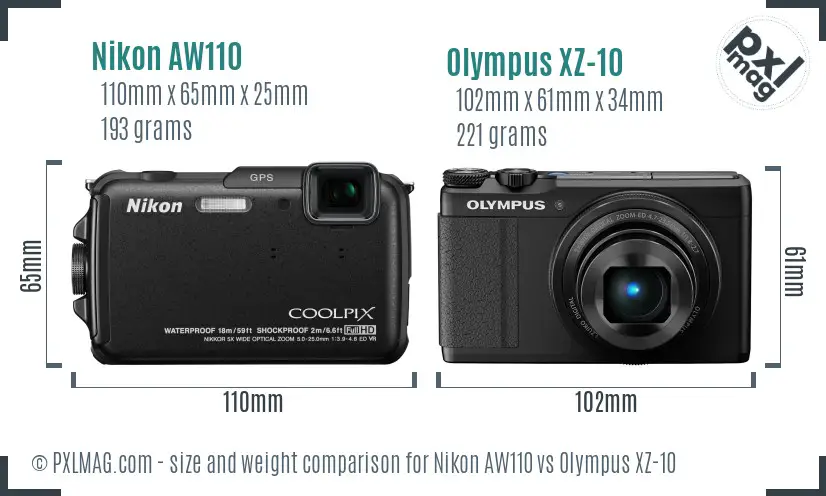 Nikon AW110 vs Olympus XZ-10 size comparison