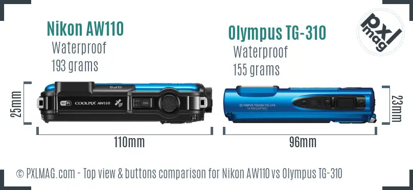 Nikon AW110 vs Olympus TG-310 top view buttons comparison