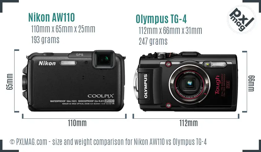 Nikon AW110 vs Olympus TG-4 size comparison