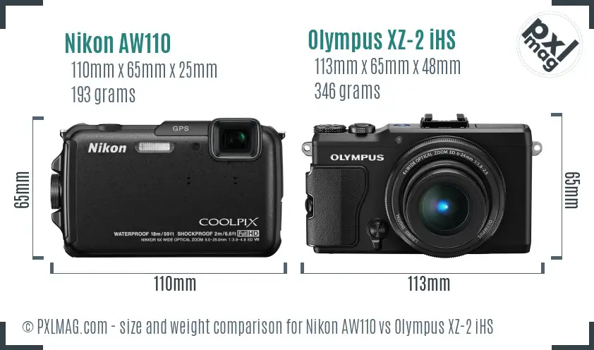 Nikon AW110 vs Olympus XZ-2 iHS size comparison