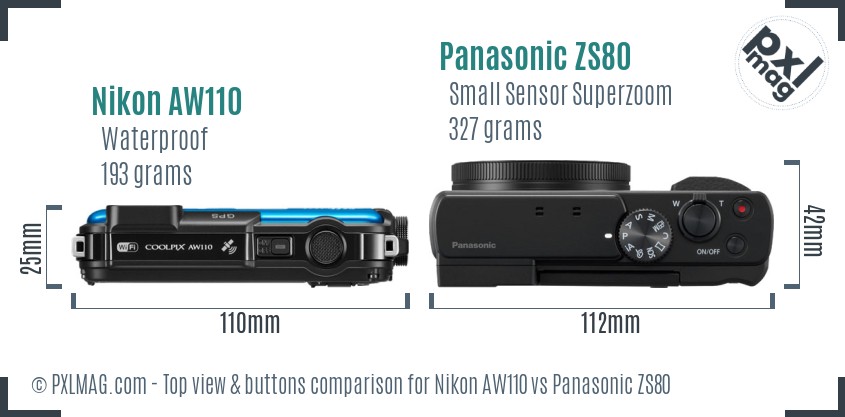 Nikon AW110 vs Panasonic ZS80 top view buttons comparison