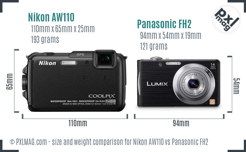 Nikon AW110 vs Panasonic FH2 size comparison