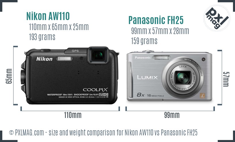 Nikon AW110 vs Panasonic FH25 size comparison
