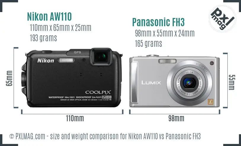 Nikon AW110 vs Panasonic FH3 size comparison