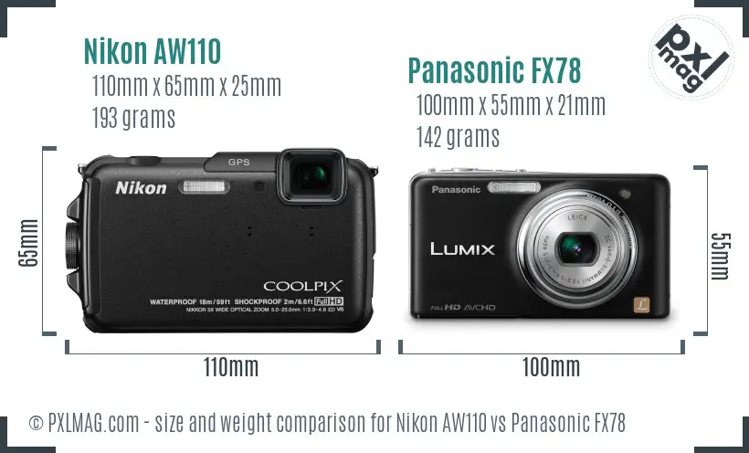 Nikon AW110 vs Panasonic FX78 size comparison