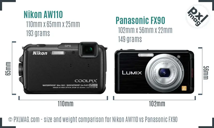 Nikon AW110 vs Panasonic FX90 size comparison