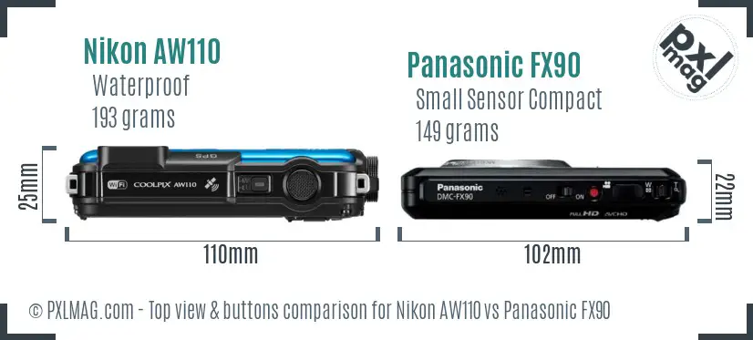 Nikon AW110 vs Panasonic FX90 top view buttons comparison