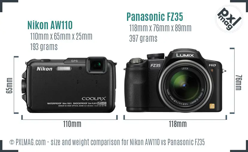 Nikon AW110 vs Panasonic FZ35 size comparison