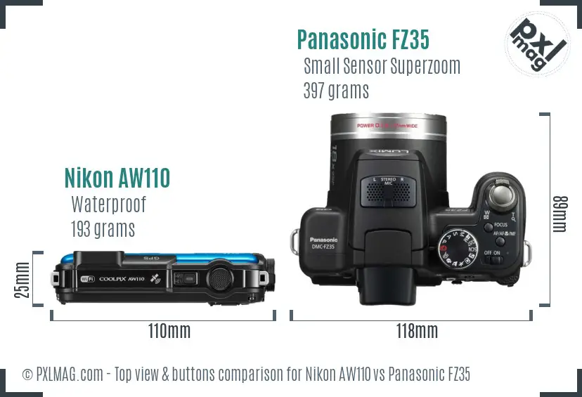 Nikon AW110 vs Panasonic FZ35 top view buttons comparison