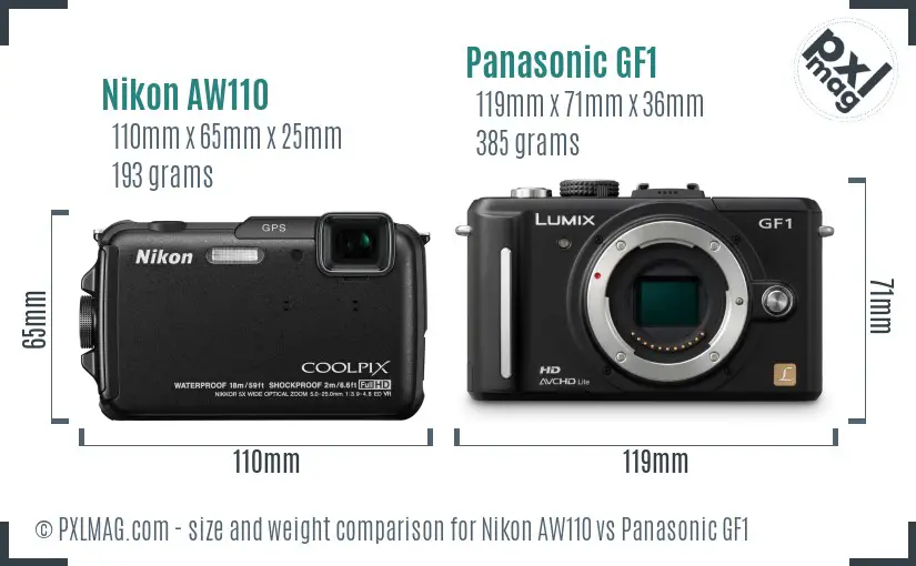 Nikon AW110 vs Panasonic GF1 size comparison