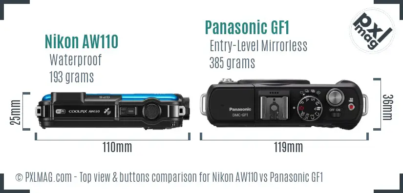 Nikon AW110 vs Panasonic GF1 top view buttons comparison