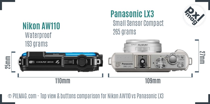 Nikon AW110 vs Panasonic LX3 top view buttons comparison