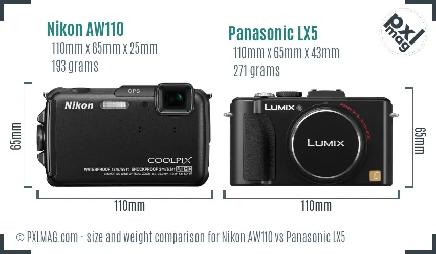 Nikon AW110 vs Panasonic LX5 size comparison