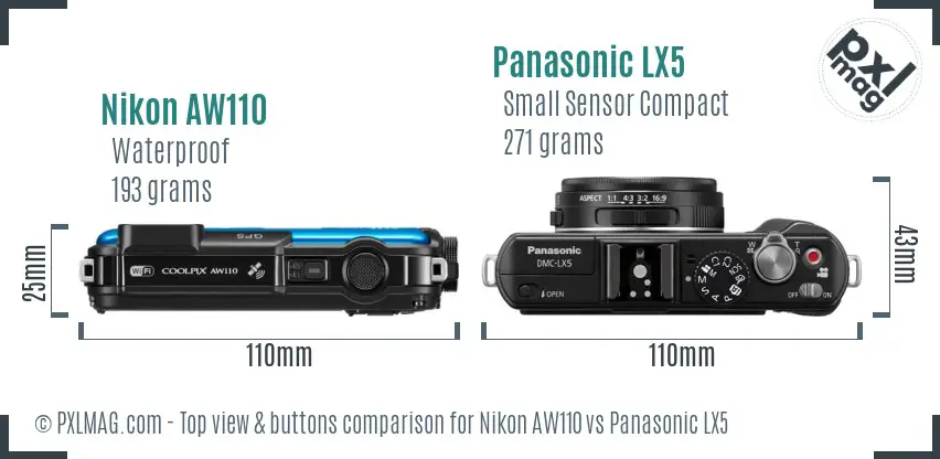 Nikon AW110 vs Panasonic LX5 top view buttons comparison