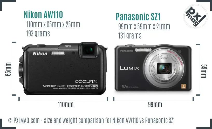 Nikon AW110 vs Panasonic SZ1 size comparison Nikon AW110 vs Panasonic SZ1 size comparison