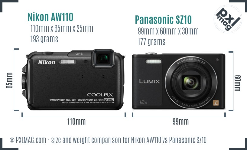 Nikon AW110 vs Panasonic SZ10 size comparison