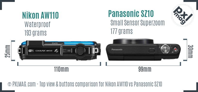 Nikon AW110 vs Panasonic SZ10 top view buttons comparison