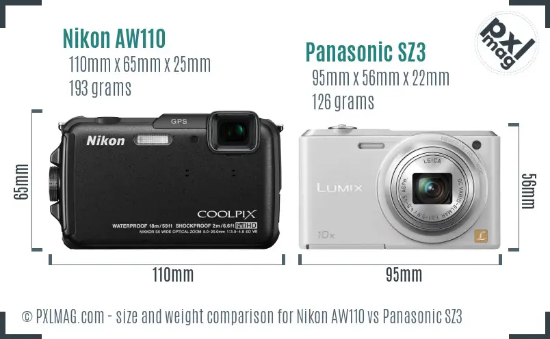 Nikon AW110 vs Panasonic SZ3 size comparison