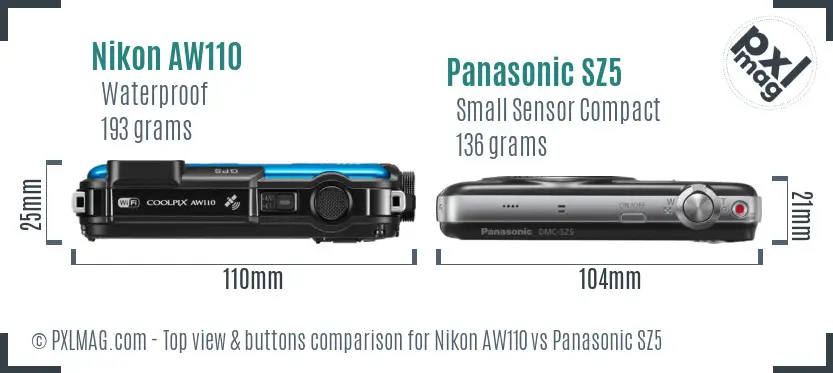 Nikon AW110 vs Panasonic SZ5 top view buttons comparison Nikon AW110 vs Panasonic SZ5 top view buttons comparison