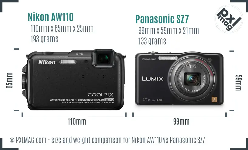 Nikon AW110 vs Panasonic SZ7 size comparison
